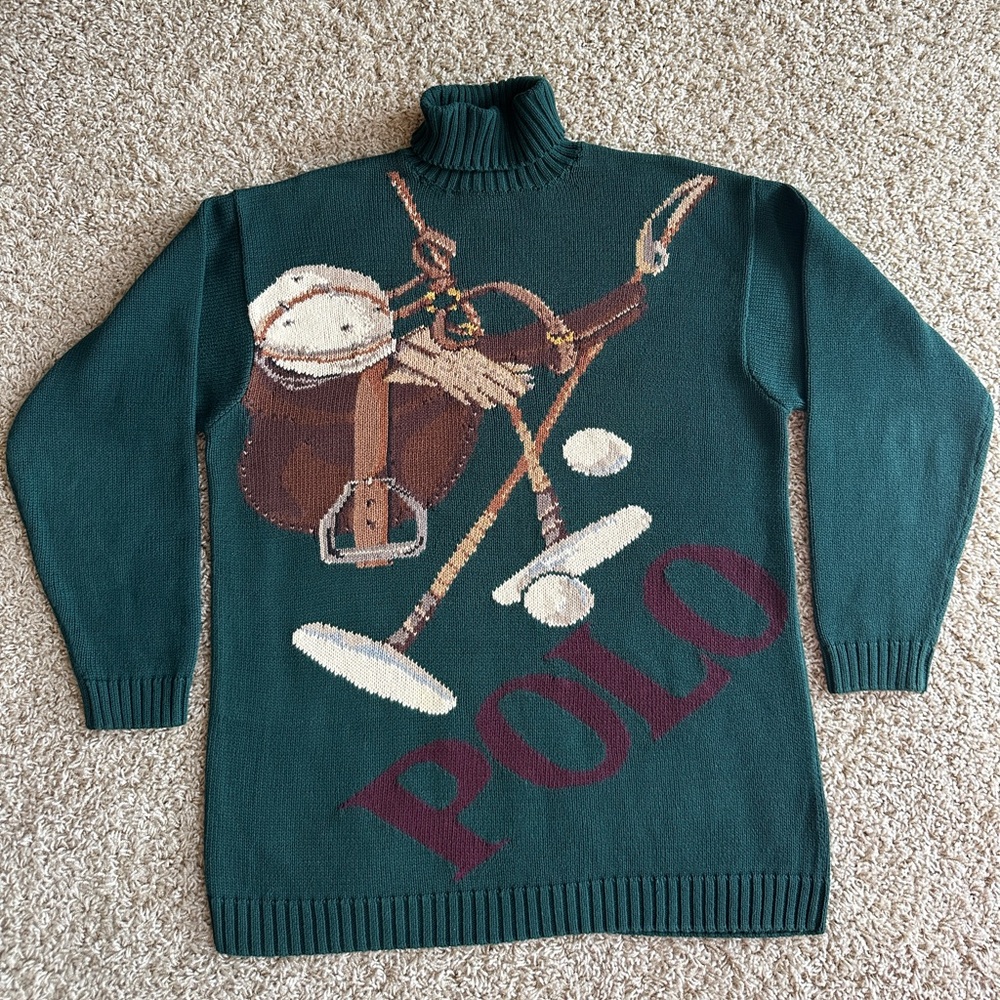 EXTREMELY RARE - 70s POLO RALPH LAUREN Equestrian Saddle/Clubs Knit Sweater - Picture 3 of 14